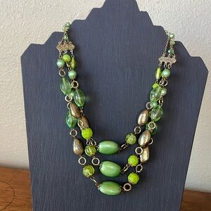Vintage  3 Strand Green and Gold/Bronze Colored Beaded Necklace